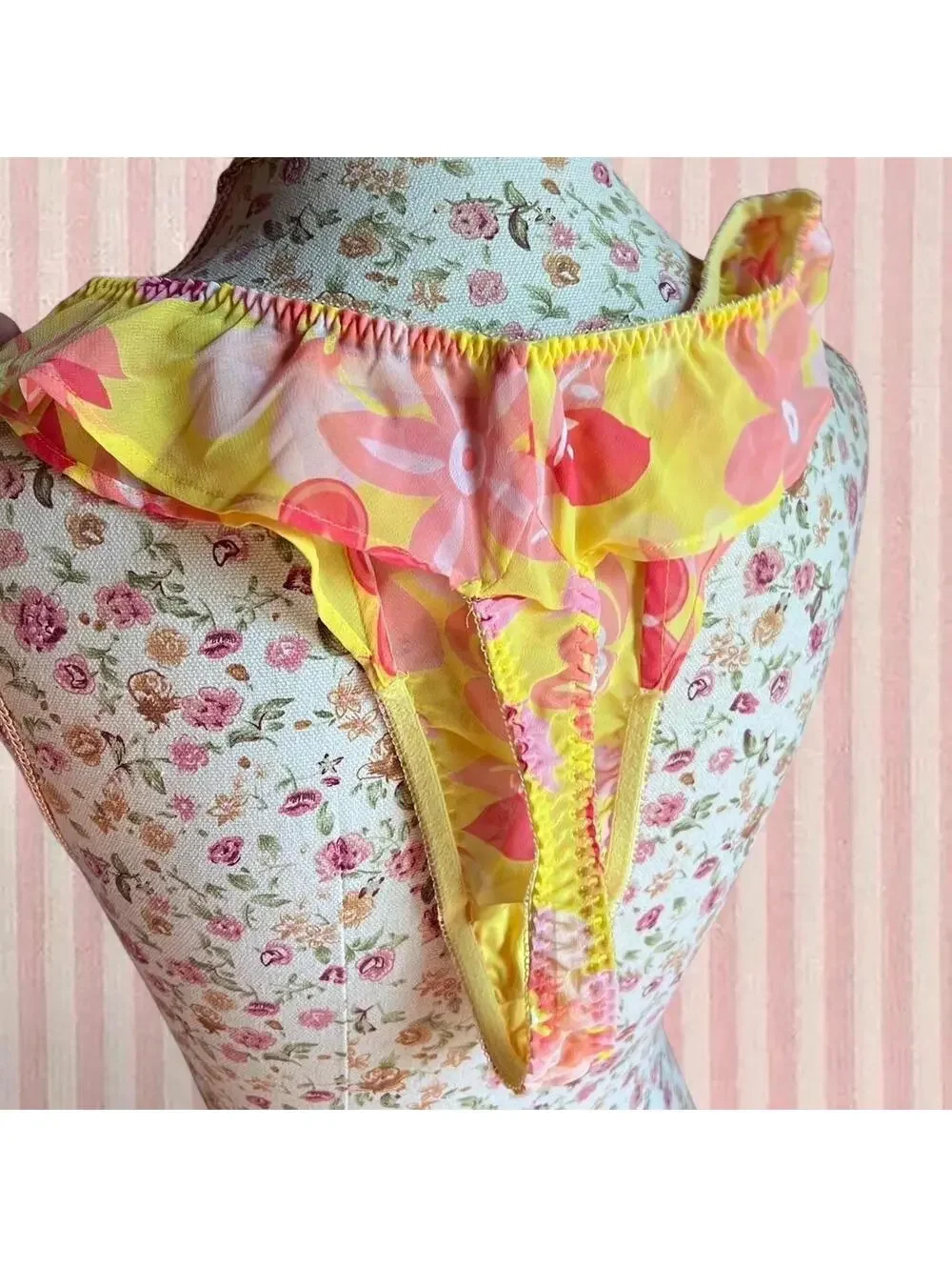y2k vintage yellow floral babydoll dress and thong set